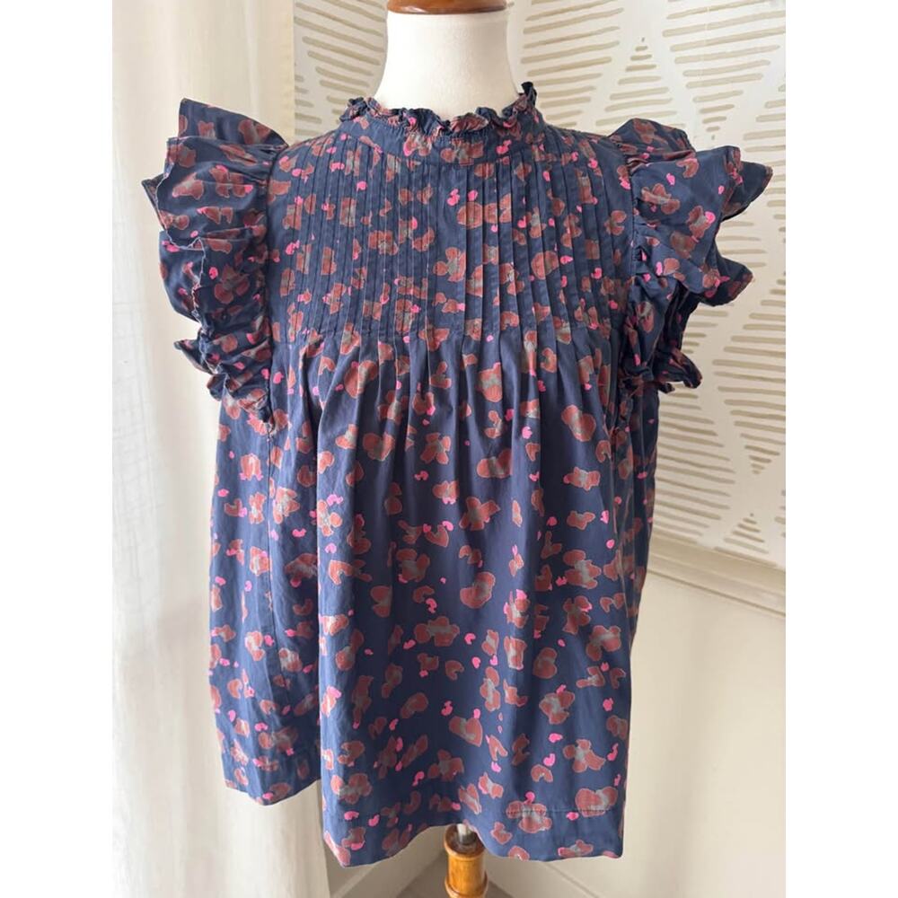 Oliphant Women’s Large Navy Pink Pintuck Ruffle Sleeve Top Blouse - Picture 3 of 9